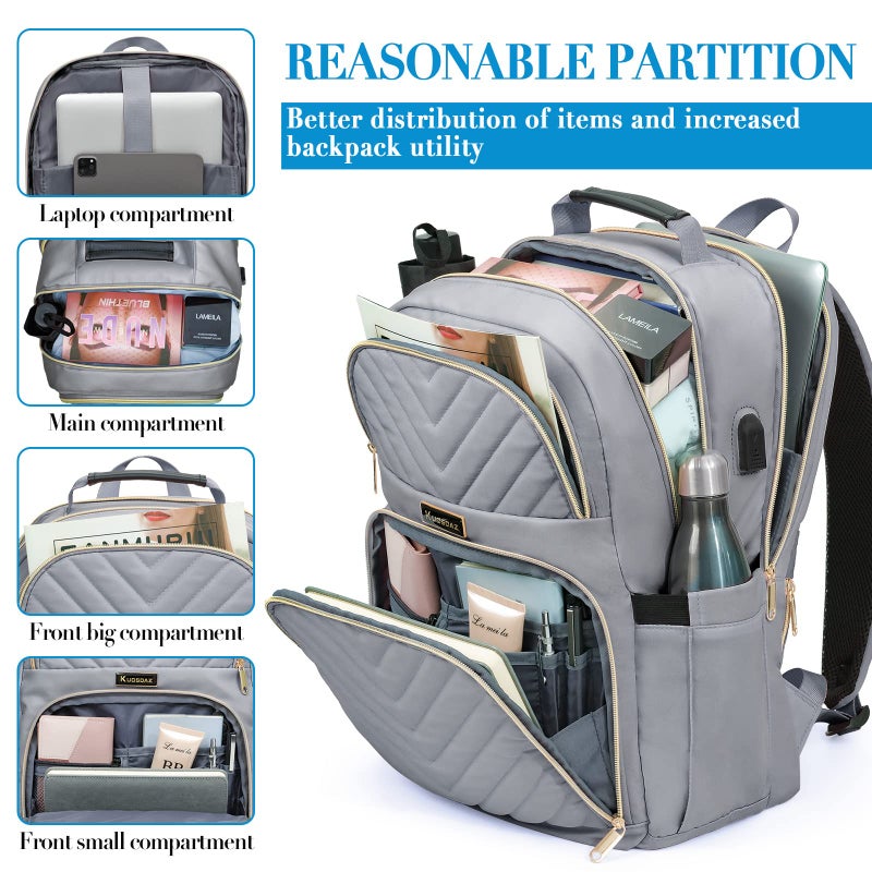 Kuosdaz Backpack for Women Men  School Backpack for Teens  Waterproof Bookbag for Girls Boys  Fashion Laptop Backpack  Travel Backpack with USB Charger  Grey - Image 2